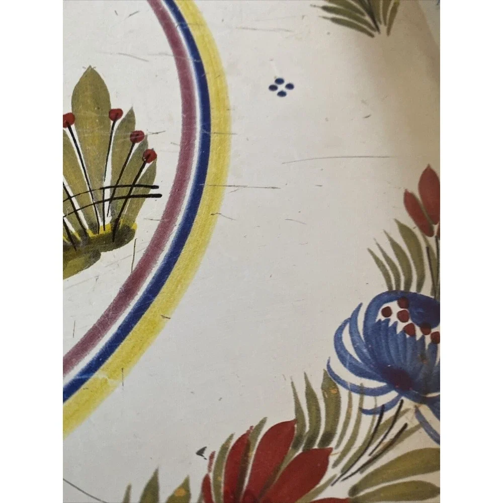 Vintage Enamel‎ Serving Tray Folk Art Scene Blue Floral Border